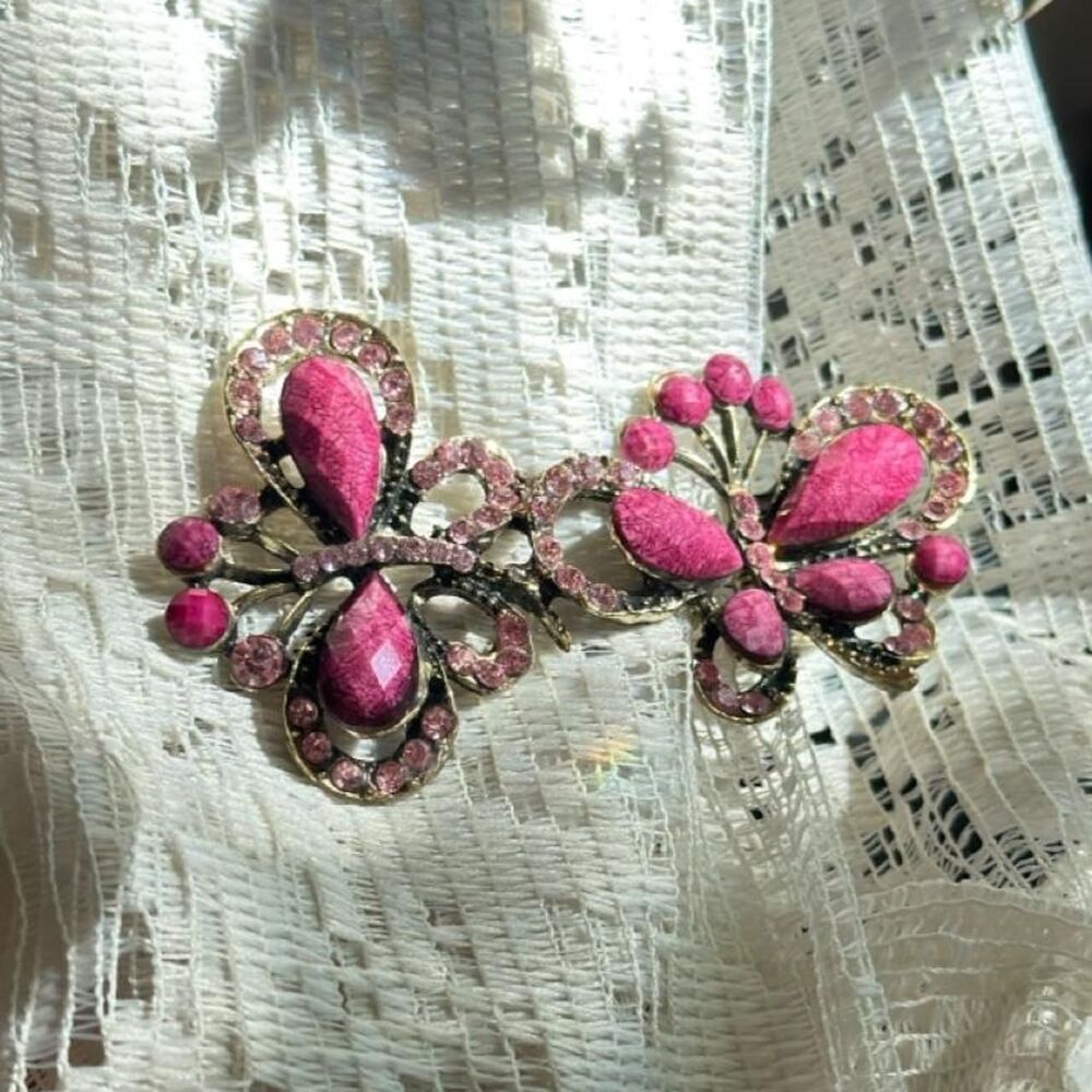 Vintage Double Butterfly Hair Barrette Pink Rhinestone Crystal Clip Coquette Y2K